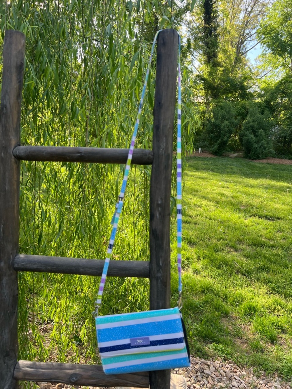 Scout Decker Crossbody zip wallet in Blue, Aqua, White & Navy stripes
